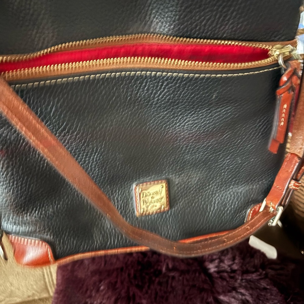 Dooney & Bourke Black Leather Messenger with Brown Trim and Red Zip Accent